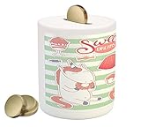 Sweet DreamsコインボックスBank by Ambesonne、さまざまなスタイルでDesserts Cartoon Funny OnグリーンストライプユニコーンEatingドーナツ、印刷セ