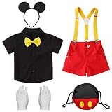 [Moerstar] ネズミ コスチューム 5点セット 大人 コスプレ 成人服 仮装 ハロウィン クリスマス 可愛い 遊園 半袖 シャツ ビブパンツ 髪飾り かばん 手袋 オーバーオール ネズミ耳 人気 プレゼント パーティー イベント 写真 撮影 (推薦身長：110cm)