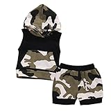 ベビー男の子女の子2pcs Outfitカモフラージュフード付きベストTシャツトップスポケット+ショーツセット