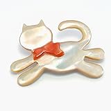 【にゃんこな日々】 ネコ 夜光貝 ブローチ 桃色珊瑚 リボン付き