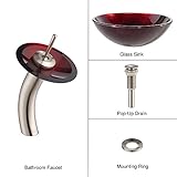 Kraus C-GV-200-12mm-10SN Irruption Red Glass Vessel Sink and Waterfall Faucet Satin Nickel [並行輸入品]