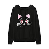 パーカー レディース トップス Glennoky 黒い 可愛い 猫柄 プルオーバー ブラウス スウェットパーカー ロング丈 ゆったり ドローストリング 体型カバー フーデッド レディースパーカー スウ