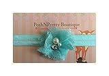 2 Mini Lace Blossom Pearl and Rhinestone Flower baby PoshNPretty headband - Aqua by PoshNPretty