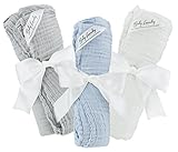Swaddle Blankets Cotton Muslin Soft for Kids - Bundle of 3 (Gray, Blue, Natural) by Baby Laundry