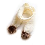 oenbopo ベビー用マフラー ニット製　ポンポン付き　超可愛い　防寒 冬 しもやけ 対策 キッズ子供用 誕生日 お祝い 七五三 プレゼント 公園 お出かけ お散歩　スカーフ (ホワイト)