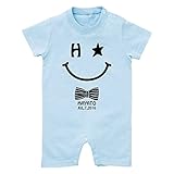 名前入り スマイル柄 半袖 ロンパース [HR335] 80cm ライトブルー 出産祝い 誕生日 プレゼント おしゃれな 名入れ ベビー服 男の子