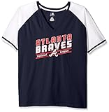 MLB Atlanta Bravesレディースチーム半袖ラグランTシャツと腕ストライプ、1 x、ネイビー/ホワイト