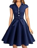 [Wedtrend] レトロワンピース レデイースワンピース シャツワンピース 大きいサイズ Aライン Vネック 膝丈ワンピ リボン 結婚式 お呼ばれ 二次会 演奏会 パーティードレス ネイビー サイズ S