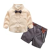 YUEGUANG ベビー洋服 スーツ キッズ フォーマル 洋服 蝶ネクタイワイシャツ 男の子スーツ ボーイズ洋服　紳士風 上下2点セット 結婚式 入学式 卒業式 七五三 (80cm, ベージュ)