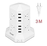 Powerjc タワー式 電源タップ 縦型コンセント 8+6（AC差込口+USBポート）　2500ｗ　入力95ｖ-250ｖ　3Mコード　USB急速充電器　一括スイッチ付　掛ける可能　職場用　複数国に向