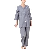 [pajamaya IZUMM] パジャマ屋 綿麻（リネン） 混 ストレッチ ダンガリー レディース 夏用 パジャマ 前開き 七分袖／ダンガリーネイビー・Mサイズ