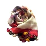 [.a all over the world] ポンポン ストール スカーフ 大判 ストライプ ボーダー コットン シルク (レッドマルチ)