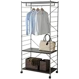 山善(YAMAZEN) スチールハンガーラック ウッドシェルフ 木製棚板 (幅84 高さ191) ダークブラウン MWS-19843C(DBR/BR)