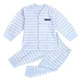 YUEGUANG キッズ パジャマ ベビー服 子どもルームウェア キッズ肌着 優れた通気性　前開きセットストライプ柄 可愛い 春秋 カジュアル (65cm, ブルー)