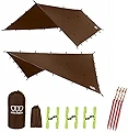 Gold Armour Rainfly Tarp Hammock, Premium 14.7ft/12ft/10ft/8ft Rain Fly Cover, Waterproof Ultralight Camping Shelter Canopy, Survival Equipment Gear Camping Tent Accessories (Brown 10ft x 8ft)