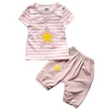 ハイキングフライ(Hikfly)ベビー服男の子女の子 赤ちゃん柔らかい綿ツーピース半袖 Tシャツ＆ショートパンツ セット (ストライプ) (M/12-18 ヶ月, ピンク)