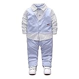 FEVON　上下セット　ベビー　2点セット　子供服　Tシャツ&パンツ　春　秋　長袖　ロングパンツ　スーツスタイル　フェイクベスト　ボタンダウン　重ね着風　カジュアル　イングランド風　ストライプ　可愛い