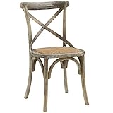 Modway Gear Modern Farmhouse Cross Back Solid Elm Wood Dining Side Chair With Rattan Seat In Gray [並