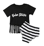 Tシャツ+ショーツ 女の子 夏の服 ラウンドネック 半袖 英字パターン フリンジトップ ストライプのショートパンツ 子供服 80 90 100 110（6〜24ヶ月2〜4歳） (2-3歳, ブラック+