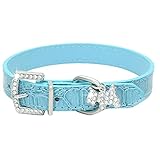 HTharros 犬首輪 犬の首輪 犬用訓練首輪 小型 中型 ペット用品 合皮 キラキラ 弾力性 ソフト レザー ラインストーン 調整可能 ライトブルー S