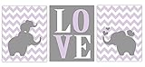 Adorableグレー、ホワイトとパープルシェブロンElephant Loveセット、Perfect for a子の部屋や子供部屋 Three 8x10in Poster Prints