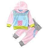 2PCS 新生児 女の子 秋冬 綿100％ 長袖 印刷する フード付きコート ストライプパンツ セット (12-18ヶ月)
