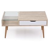 テーブル センターテーブル 収納 ガラス天板 リアル木目 引き出し ナチュラル Sタイプ ホワイト×オーク