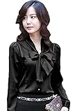 【Smile LaLa】 レディース ブラウス シャツ トップス 長袖 オフィス リボン サテン フォーマル 通勤 細身 セレブ 上品 オトナ (M, ブラック)