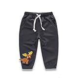 PANCY 子供服 春秋 長ズボン キッズ 縄付き ロングパンツ 男の子 女の子 シンプル 可愛い 動物 アップリケ ダークグレー(トナカイ,90cm)