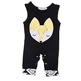 PER キッズ　ベビーロンパース　カバーオール ベビー服　子供服　袖なし　ズボン 女の子　男の子　幼児　ブラック　狐　夏服 (90cm)