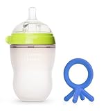 Comotomo Essential Set: Natural Feel Single Pack 8 oz Baby Bottle, Green, PLUS Silicone Teether by C
