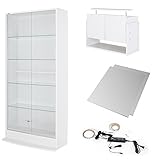 【福袋】【地球家具】コレクションラック「ワイド」新シリーズセット 幅83cm 奥行29cm 【正規品】[鍵付きコレクションケース] [耐震]（引き戸 ハイタイプ本体+上置きロータイプ+背面ミラー+LED） ホワイト