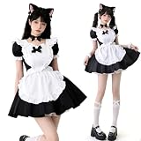 [FULINE] メイド服 コスプレ 萌え メイド タイツ付きフルセット 定番 ショート丈 可愛い レース メイドコスチューム 豪華セット ロリータ レディース 仮装 女装 人気 学園祭 撮影 black S
