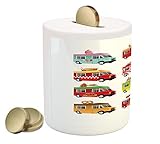 Truck Piggy Bank by Ambesonne、アイスクリームアジアドーナツBurgersピザSushi HotdogカラフルFood Truck図、印刷セラミックコイン銀行お金ボックスの