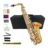 Yinfente Eb フラットアルトサックスキット リード10本、パッド8枚、ハードケース、ゴールド仕上げ