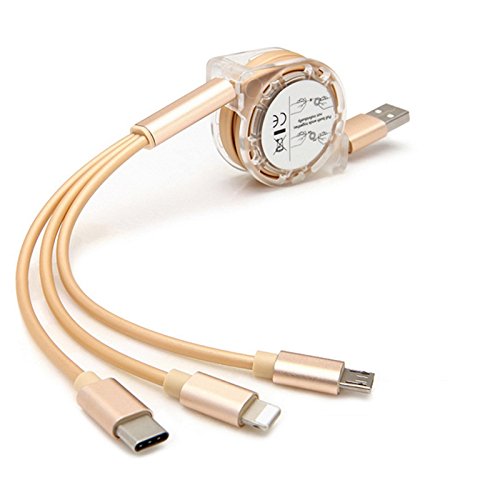 AXYO タイプC & micro USB & lightning (iphone) 3in1 充電 ケーブル USB ケーブル 巻き取り 伸縮式 収納型 1M ライトニング+Type-C+マイクロUSB 急速充電ケーブル iPhone / iPad / Xperia XZ1 / Xperia XZ1 Compact / Xperia XZ Premium SO-04J / Xperia X Compact SO-02J / Huawei / ASUS / Galaxy / AQUOS Androidなどほぼすべてのスマートフォンに対応 (3IN1ケーブル 100cm, ゴールド)