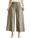 ワイドパンツ レディース 綿麻 ゆったり リネン ガウチョパンツ ロングパンツ ウエストゴム 麻混 体型カバー 美脚 春夏 -Green-M