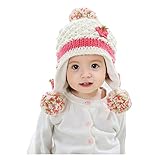 ニット帽  ベビー キッズ 赤ちゃん  子供用　アクリル かわいい 防寒　暖かい　耳あて　花飾り (XL, ベージュ)