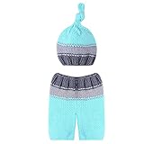 Domybest ベビー ニット 新生児 写真撮影 針編み 小道具 柔らかい コットン 男の子 可愛い　帽子+パンツ 新生児セーター ライトブルー
