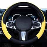 HUACHENG ハンドルカバー 車用 軽自動車 sサイズ ステアリングカバー 本革 汎用 おしゃれ 通気性がよい 滑り防止 オールシーズン対応 普通車 ハンドル 保護カバー カスタム 内装パーツ アクセサリー 車用品 (イエロー)