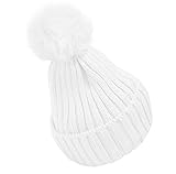 Plus Nao(プラスナオ) 子供用 ニット帽 ファーボンボン付き リブニット ワッチ ビーニー ニットキャップ キッズ ジュニア シンプル 無地 女の子 男の子 冬帽子 - ホワイト