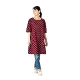 久留米織5分袖チュニック ワンピース (フリーサイズ(M~L), エンジ水玉白・大)