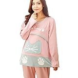 【Ani Mam Kids】猫 顔 が 可愛い ♡ マタニティ パジャマ 柔らか 授乳服 長袖 半袖　オールシーズン M～XXL(L, 長袖ピンク)