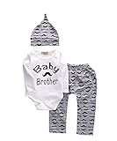 長袖ロンパース＋ひげ柄ロングパンツ＋帽子　コットン　上下三点セット (１２－１８月, ホワイト＋グレー)