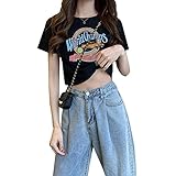 ZUOMAレディース Tシャツ 短いTシャツ トップス 半袖 夏服 プリント ファッション 可愛い カジュアル ゆったり 甘い 柔らか へそ出し (ブラック,M)