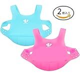 首に巻かない肩掛けタイプ　超柔らかい防水シリコーンよだれかけビブ ポケット付き 6か月頃から ２枚セット（ブルー＆ピンク）