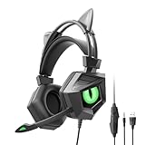 ゲーミングヘッドセット 猫耳ヘッドホン オーバーイヤー 取り外し可猫耳 猫の目の輝き USB 4PIN1（1 プラグ）有線3.5mm ノイズキャンセリング Xbox One X/PS4 Pro/PS5/Switch/スマホ/コンピューター/Laptop/Padなどに対応 (緑)