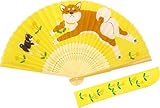 京佑 和柄 シルク扇子・袋付 犬(イヌ) イエロー 21×38×2.5cm 犬雑貨