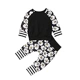 長袖スウェットシャツ +ロングパンツ 上下2セット 赤ちゃん 女の子 花柄 ラウンドネック ストライプパターン ステッチカジュアルトップ ズボン 子供服 70 80 90 100 0〜12ヶ月 (6-