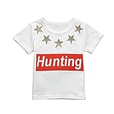 ベビー服 POTOJP キッズ 赤ちゃん 半袖 丸首 Tシャツ 柔らかい 上着 女の子 男の子 トップス 时髦 英字星柄 Huntingプリント 18M-5T 春夏秋 日常着 幼児園 満月プレゼント 